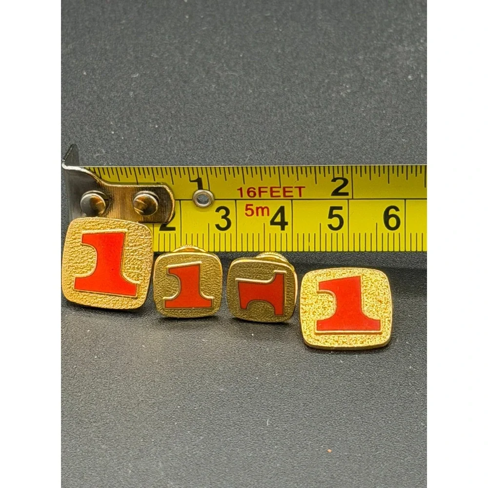 Vintage Red Number 1 Enamel Lapel Pins & Cufflinks Set Gold Tone Screw Back